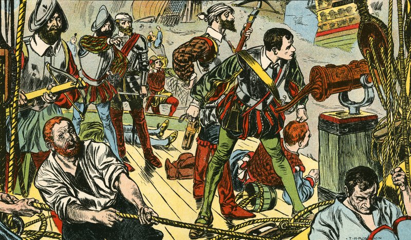 Malá "Pomsta" bojuje s padesáti španělskými galeonami (barevná litografie) od Thomas Heath Robinson