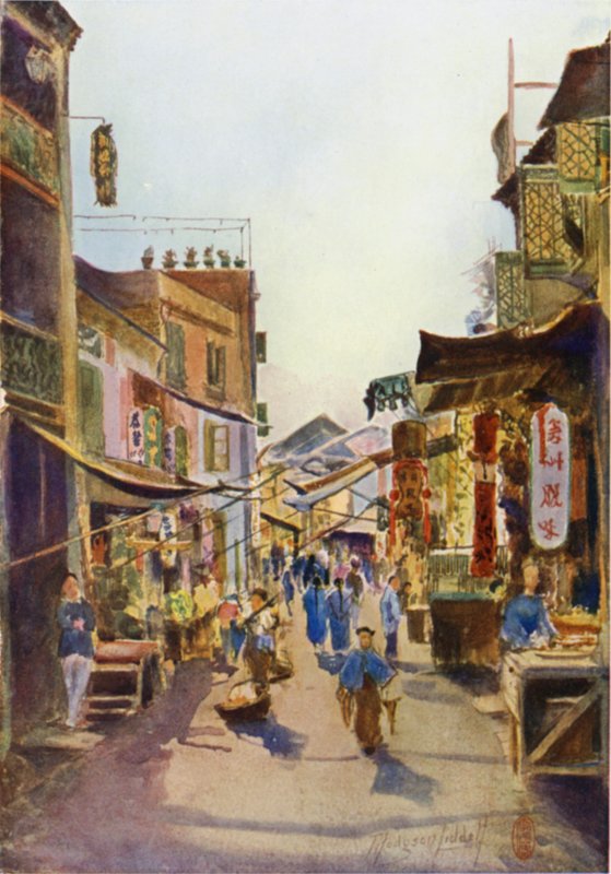 Ulice v Macau (barevné lito) od Thomas Hodgson Liddell