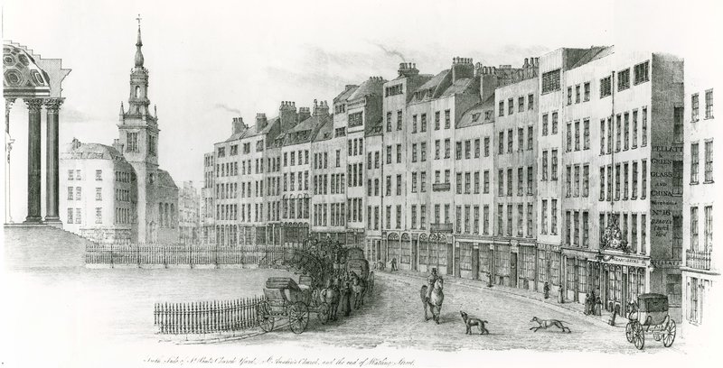 Jižní strana katedrály svatého Pavla, Londýn, kostelní dvůr, kostel St Austin a konec Watling Street od Thomas Hornor