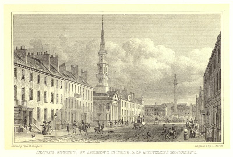 George Street, kostel svatého Ondřeje a památník lorda Melvilla (rytina) od Thomas Hosmer (after) Shepherd