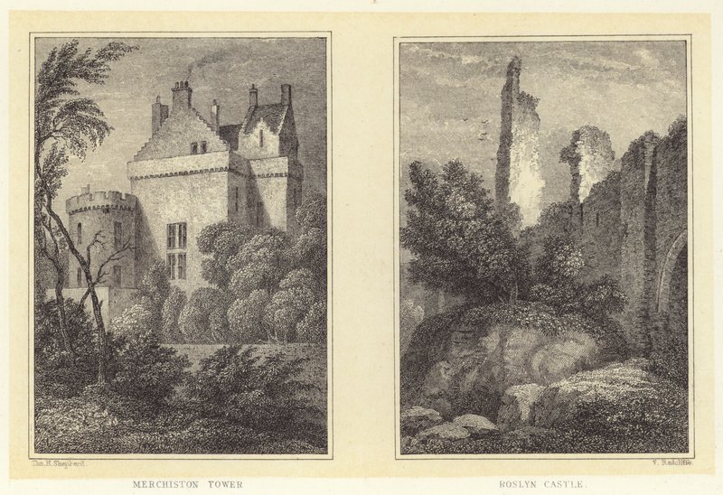 Merchiston Tower; Roslyn Castle (rytina) od Thomas Hosmer (after) Shepherd