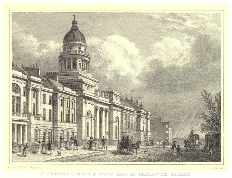Kostel svatého Jiří a západní strana Charlotte Square (rytina) od Thomas Hosmer (after) Shepherd