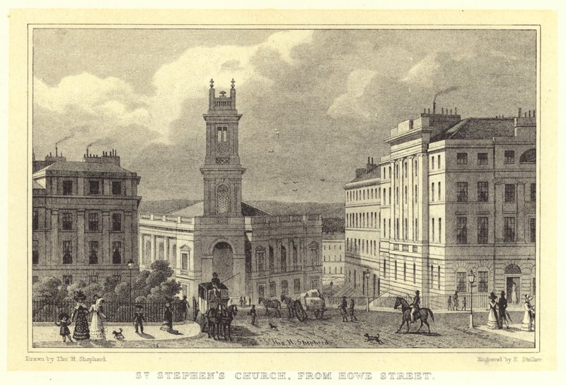 Kostel svatého Štěpána, z Howe Street (rytina) od Thomas Hosmer (after) Shepherd