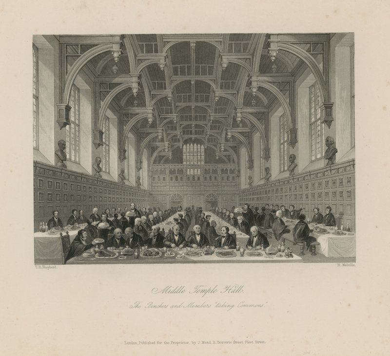 Lavice a poslanci "zabírající společné prostory" v Middle Temple Hall od Thomas Hosmer Shepherd