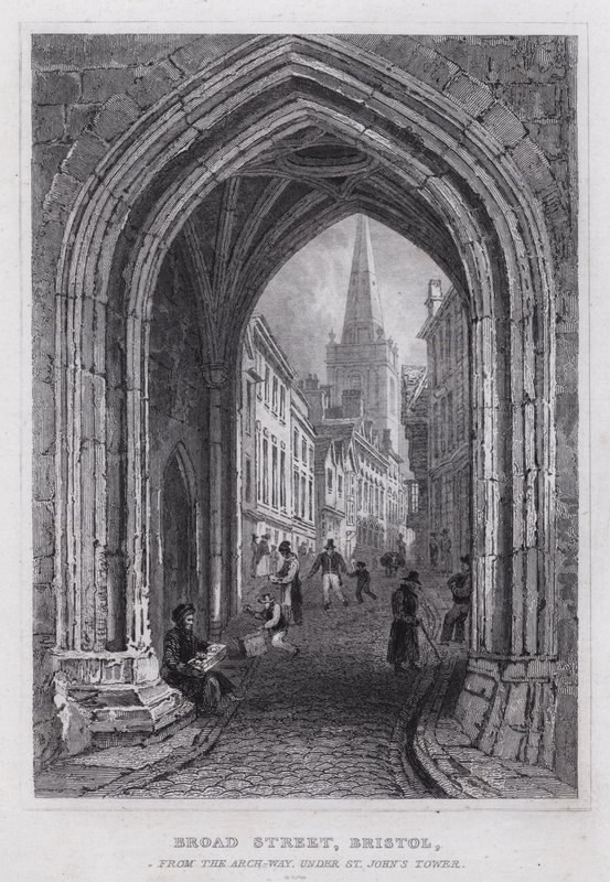 Broad Street, Bristol, od Arch-Way, pod věží svatého Jana (rytina) od Thomas Hosmer Shepherd