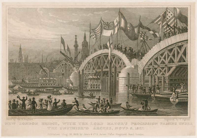 Stavba New London Bridge, 9. listopadu 1827 od Thomas Hosmer Shepherd