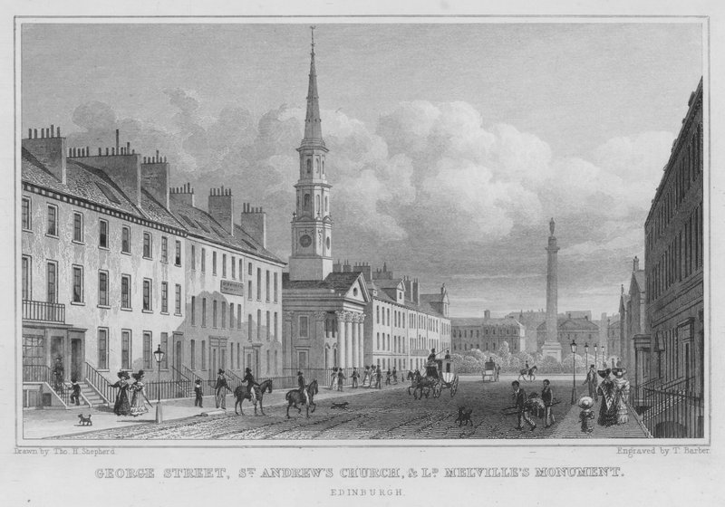 George Street, kostel svatého Ondřeje a památník lorda Melvilla, Edinburgh (rytina) od Thomas Hosmer Shepherd