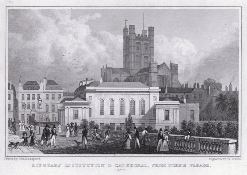 Literární instituce a katedrála, z North Parade, Bath (rytina) od Thomas Hosmer Shepherd
