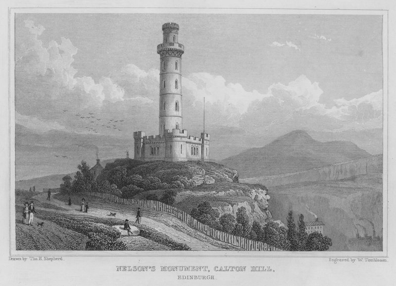 Nelsonův památník, Calton Hill, Edinburgh (rytina) od Thomas Hosmer Shepherd