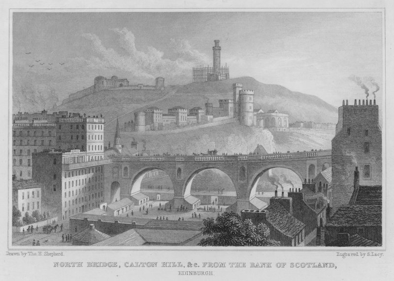 North Bridge, Calton Hill, atd., z Bank of Scotland, Edinburgh (rytina) od Thomas Hosmer Shepherd