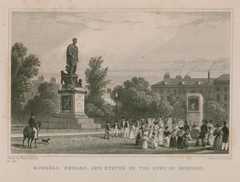 Russell Square a socha vévody z Bedfordu od Thomas Hosmer Shepherd