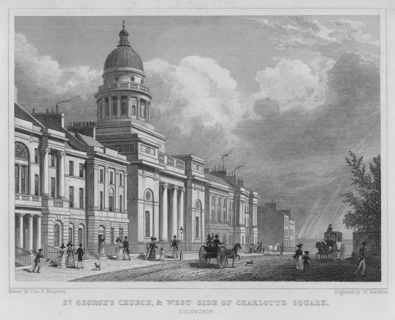 Kostel svatého Jiří a západní strana Charlotte Square, Edinburgh (rytina) od Thomas Hosmer Shepherd