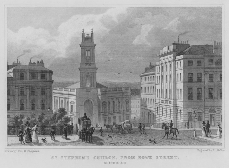 Kostel svatého Štěpána, z Howe Street, Edinburgh (rytina) od Thomas Hosmer Shepherd