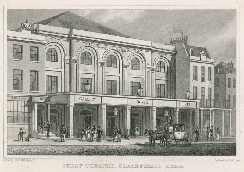 Surrey Theatre, Blackfriars Road, Londýn (rytina) od Thomas Hosmer Shepherd