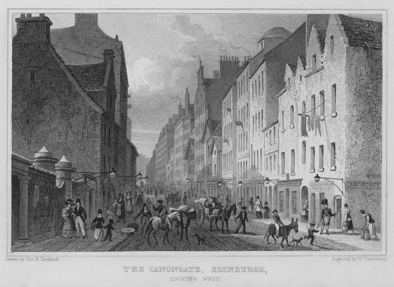 Canongate, Edinburgh, při pohledu na západ (rytina) od Thomas Hosmer Shepherd