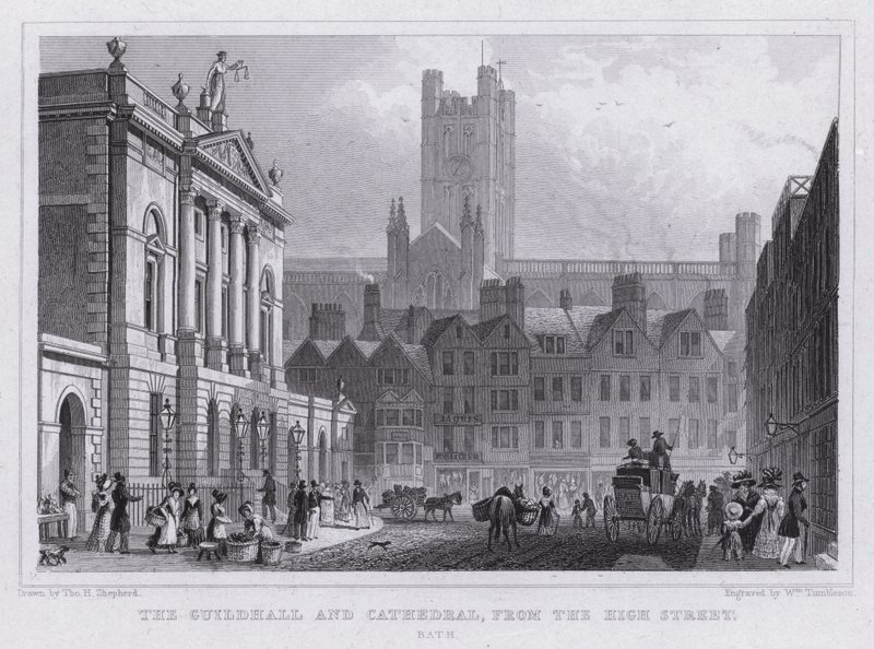 Guildhall a katedrála, z High Street, Bath (rytina) od Thomas Hosmer Shepherd