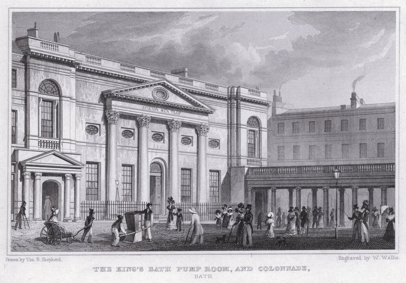 Králova lázeň Pump Room, a kolonáda, Bath (rytina) od Thomas Hosmer Shepherd