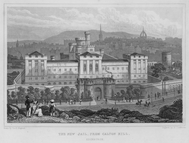 The New Jail, z Calton Hill, Edinburgh (rytina) od Thomas Hosmer Shepherd