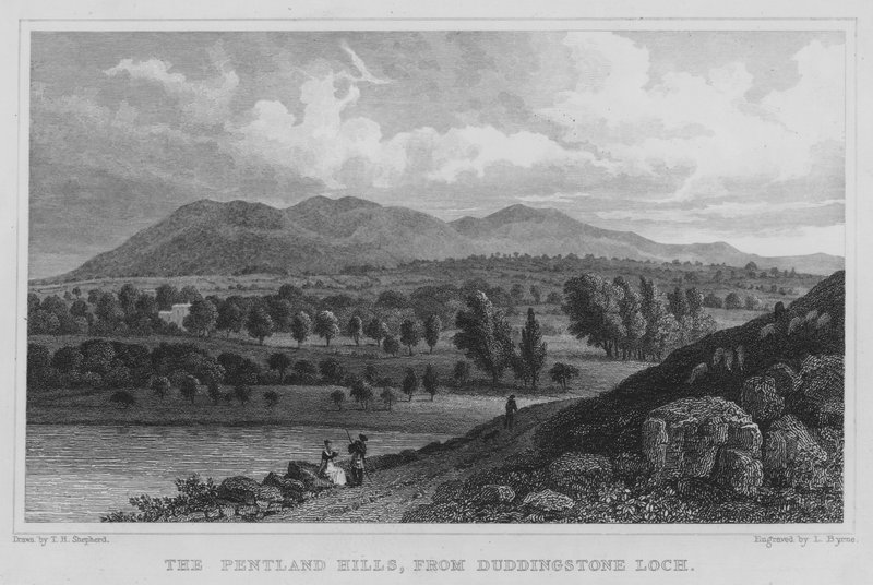The Pentland Hills, z Duddingstone Loch (rytina) od Thomas Hosmer Shepherd