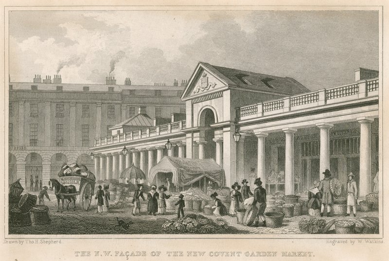 Severozápadní fasáda nového Covent Garden Market v Londýně od Thomas Hosmer Shepherd