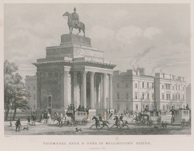 Triumfální oblouk a socha vévody z Wellingtonu, Constitution Hill, Hyde Park, Londýn od Thomas Hosmer Shepherd