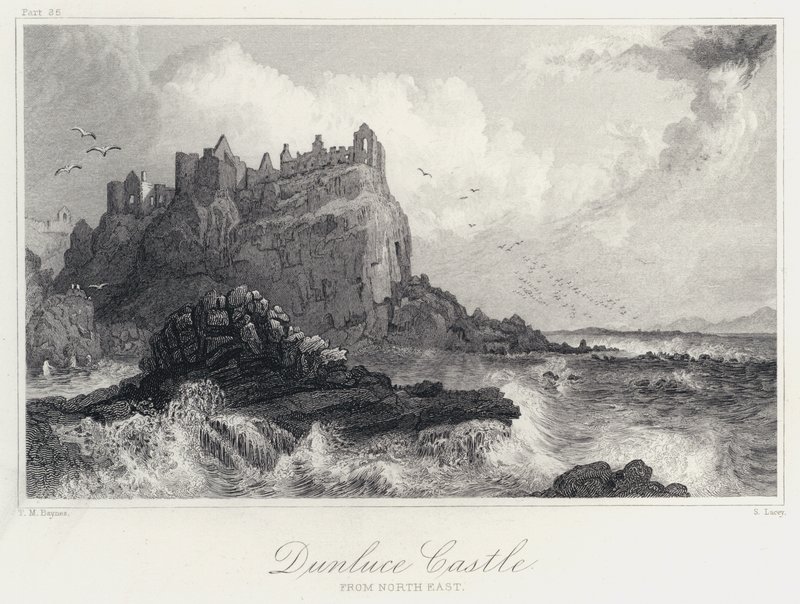 Dunluce Castle, od severovýchodu (rytina) od Thomas Mann (after) Baynes