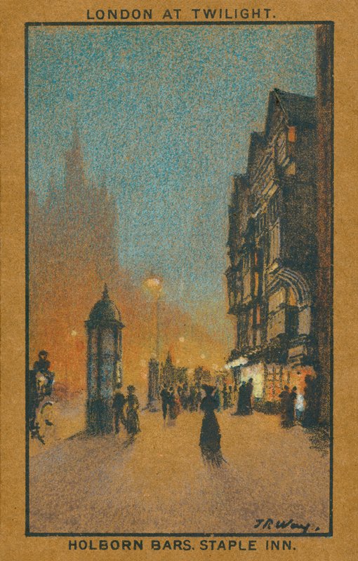 Londýn za soumraku: Holborn Bars, Staple Inn (barevná litografie) od Thomas Robert Way
