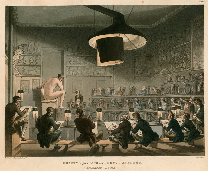 Kresba ze života na Royal Academy, Somerset House, Strand, Londýn od Thomas Rowlandson