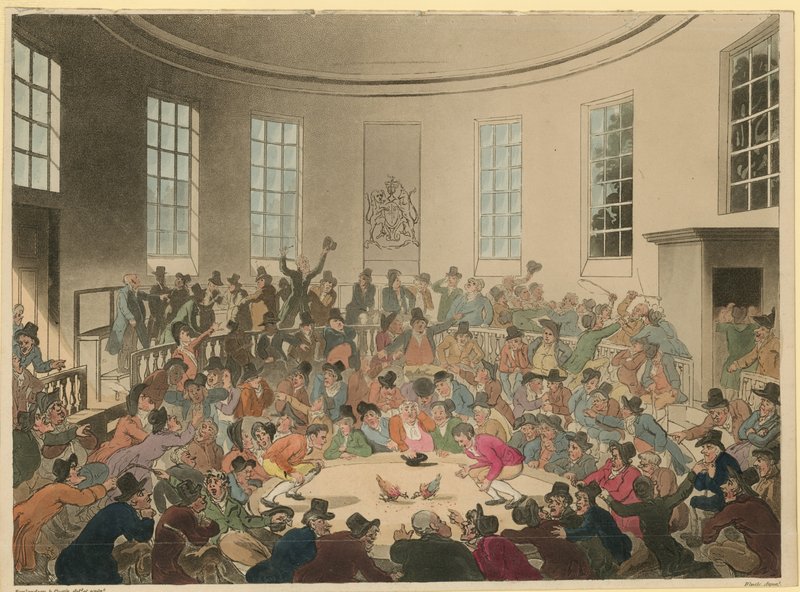 Ilustrace zobrazující dav sledující kohoutí zápas od Thomas Rowlandson