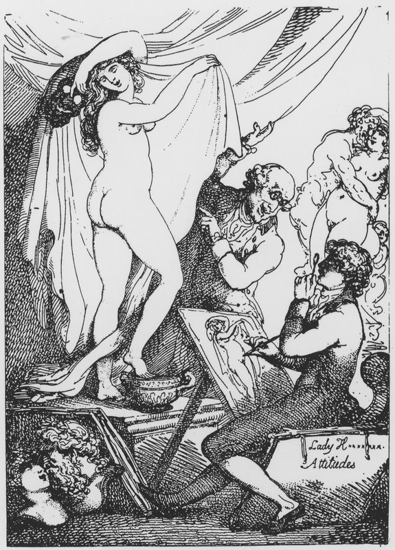 Budoucí lady Hamiltonová vystupující jako Hygeia, bohyně zdraví, v Aesculapově chrámu doktora Jamese Grahama od Thomas Rowlandson