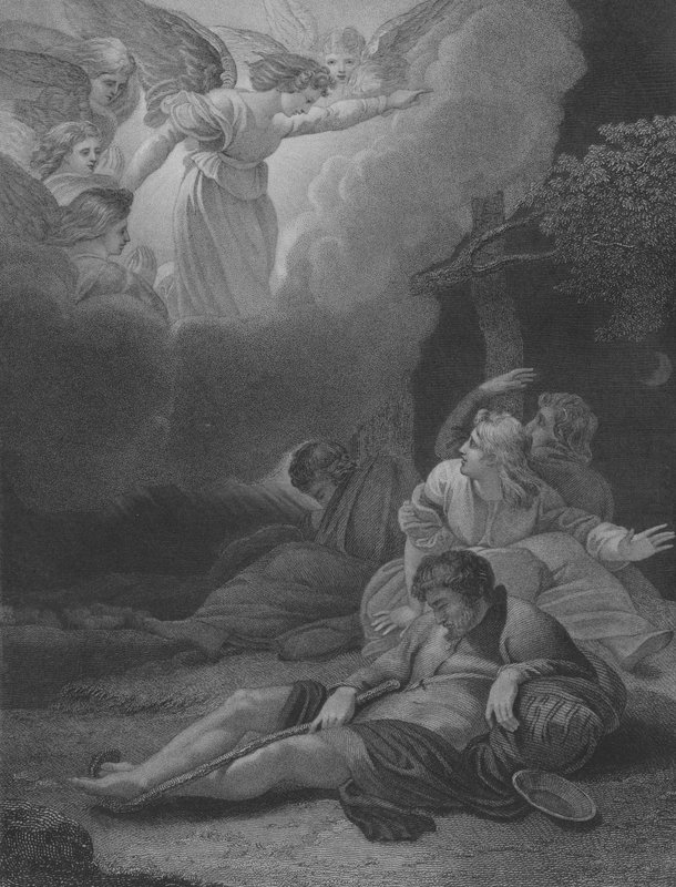 Andělé zjevující se pastýřům, sv. Lukáš 2, verš 8-21 od Thomas Stothard