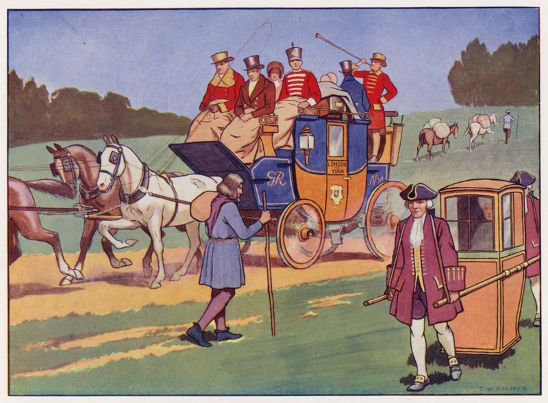 Čtyřkolka, křeslo sedan a tažní koně (barva litho) od Thomas William Holmes