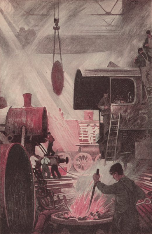 Stavba lokomotivy (barevná litografie) od Thornton Oakley