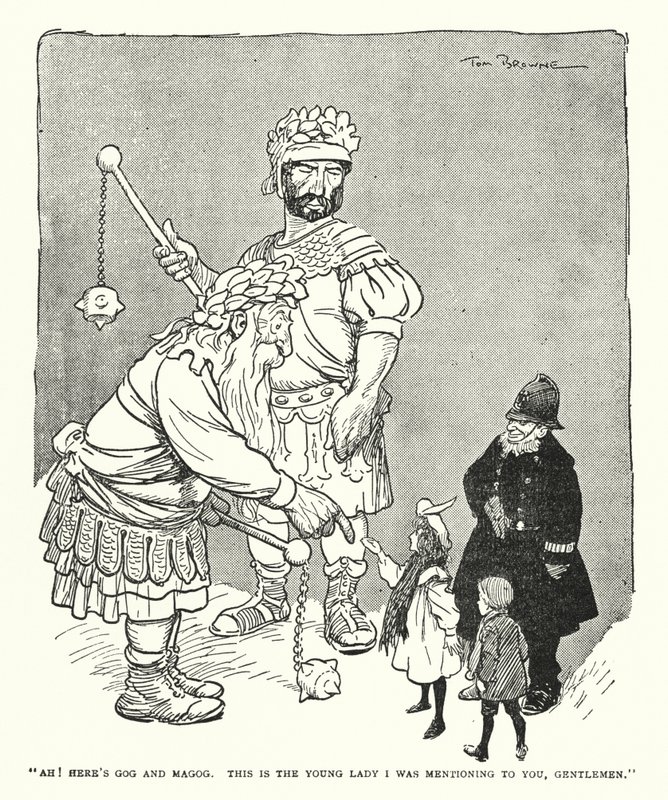 "Ach! Tady je Gog a Magog, tohle je ta mladá dáma, o které jsem se vám zmiňoval, pánové" (litho) od Tom Browne