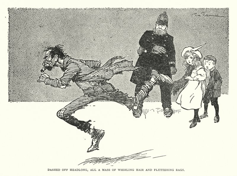 Bezhlavě uháněl, celá masa vířících vlasů a vlajících hadrů (litho) od Tom Browne
