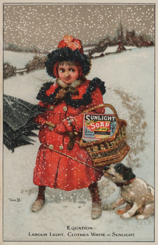 Dívka jdoucí domů ve sněhu: reklama na mýdlo Sunlight (chromolitho) od Tom Browne