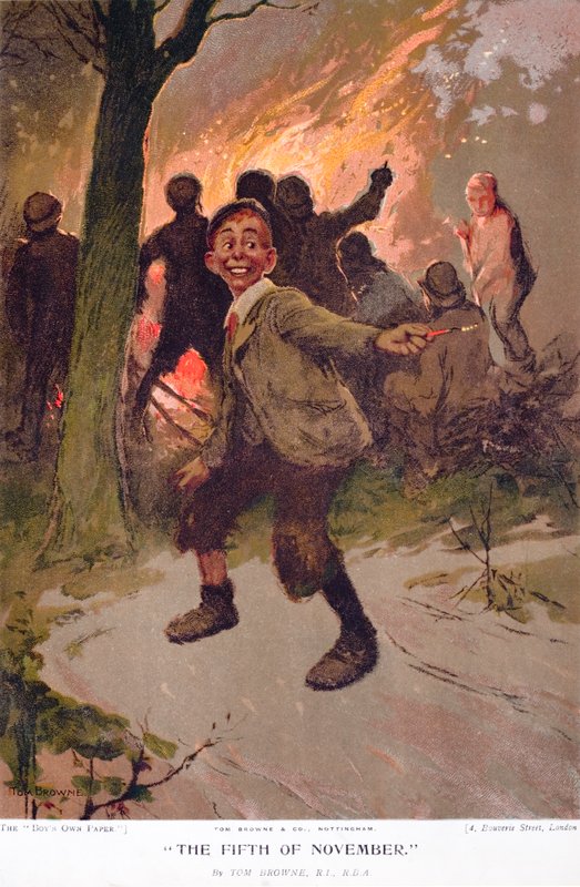 Pátý listopad, nadšený chlapec na Bonfire Night (barevné lito) od Tom Browne