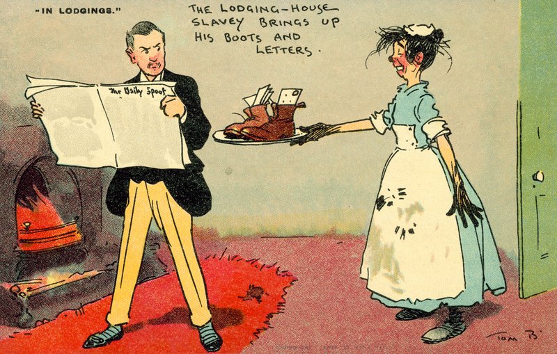 Otrok ubytovny přináší své boty a dopisy (chromolitho) od Tom Browne