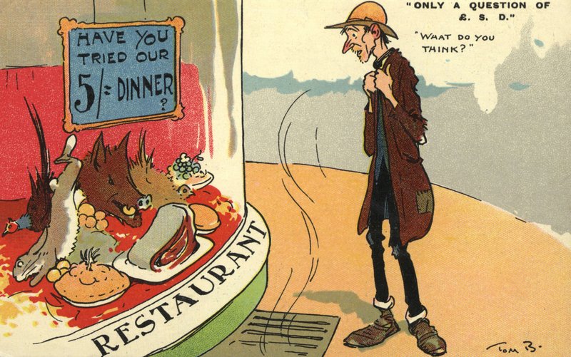 Tramp při pohledu do okna restaurace od Tom Browne