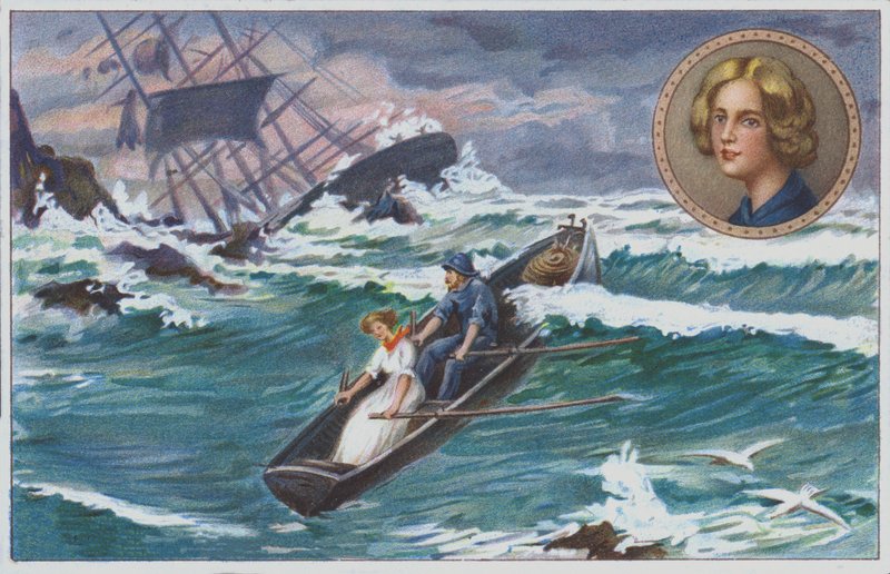 Grace Darlingová vyplouvá se svým otcem zachránit trosečníky ze ztroskotané lodi Forfarshire v roce 1838. (chromolit) od Unknown artist