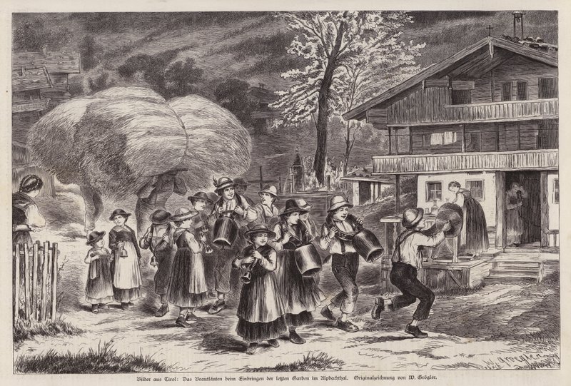 Tradiční zvonění na kravské zvony na oslavu sklizně v Alpbachtalu, Tyrolsko, Rakousko (rytina) od Unknown artist