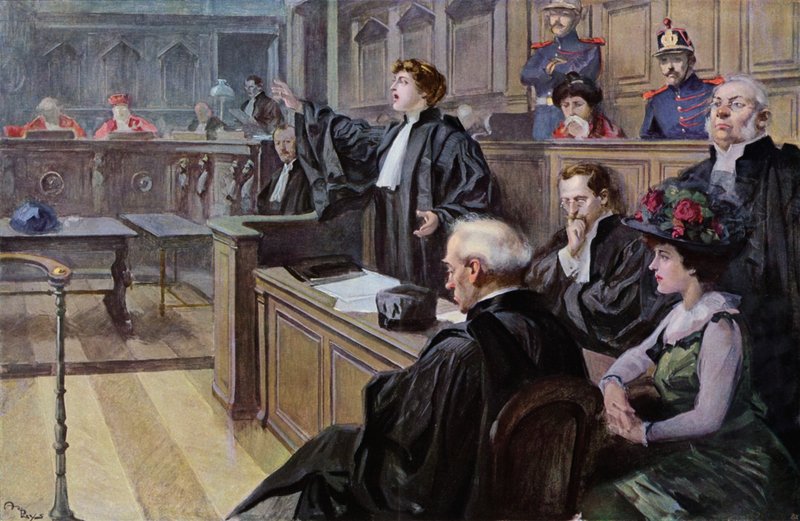 Advokátka při obhajobě před soudem (barevná litografie) od Unknown artist