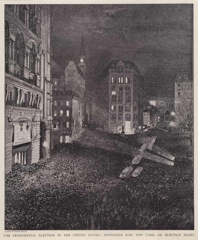 Newspaper Row, New York City, v noci amerických prezidentských voleb, 8. listopadu 1892 (litho) od V. Perard