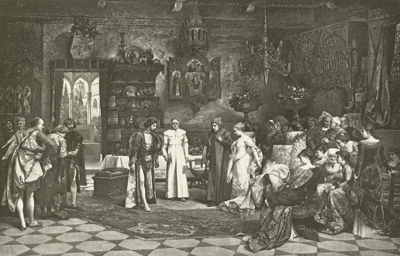 Petrarch a Laura představeni císařem v Avignonu (hlubotisk) od Vaclav Brozik