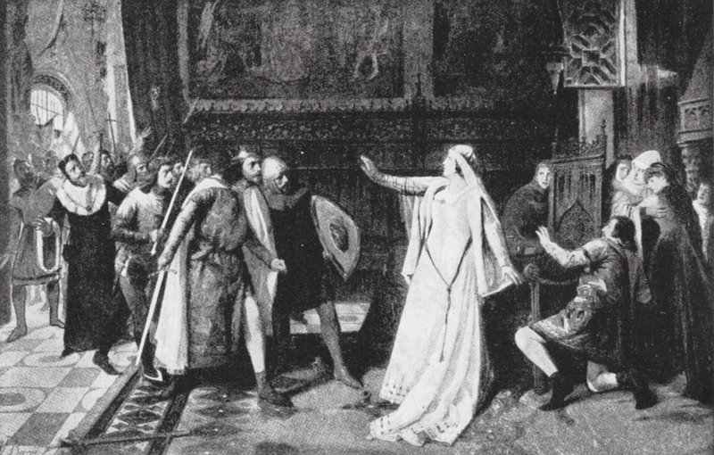Maria de Molina zahání šlechtice (litografie) od Vicente Borras Abella