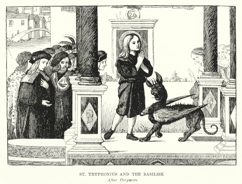 Svatý Tryphonius a bazilišek (rytina) od Vittore (after) Carpaccio