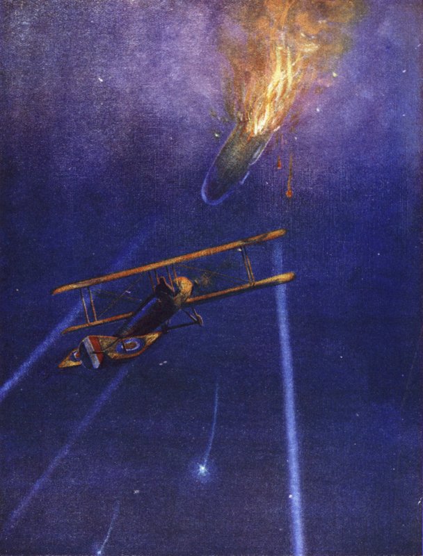Poručík William Leefe Robinson zaútočí na nepřátelskou vzducholoď a svrhne ji v plamenech nad Cuffley, Hertfordshire, září 1916 od W. Avis