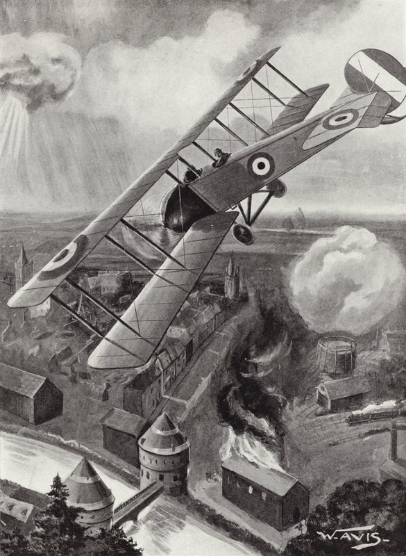 Podporučík L. A. Strange bombarduje železniční uzel v Courtrai, Belgie, 1. světová válka od W. Avis