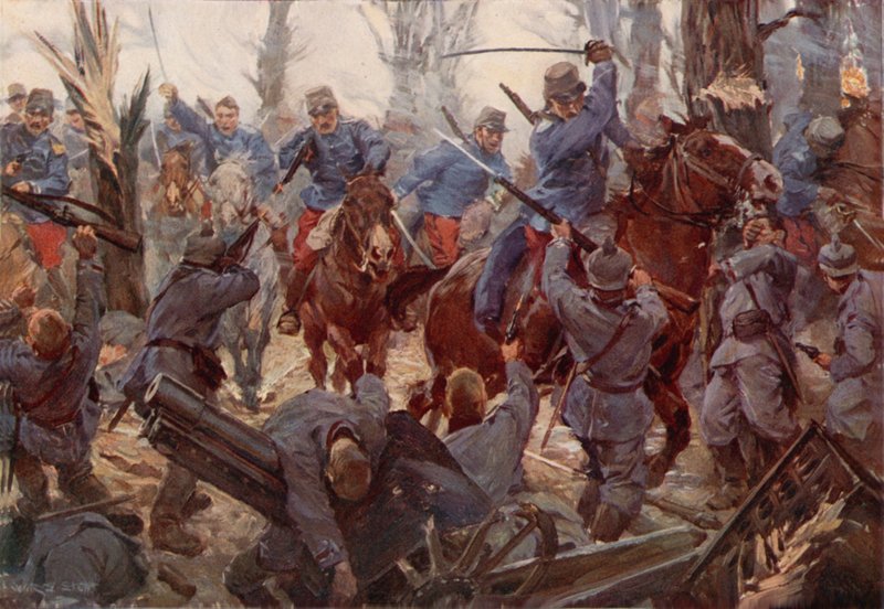 Útok francouzské lehké kavalérie v Lassigny (barva lito) od W.R.S. (after) Stott