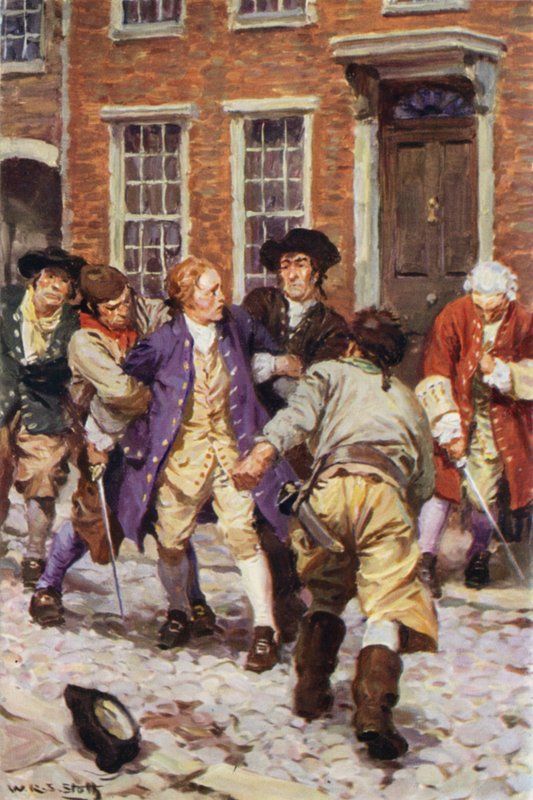 „V tu chvíli se dovnitř přiřítilo několik lidí a zmocnili se Jonese“ (barva litho) od W.R.S. (after) Stott